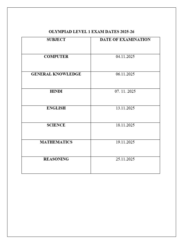 Olympiad Exam Dates 2025-26 | PDF