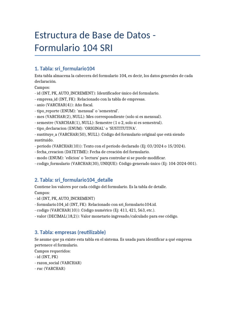Estructura de Tabla para Formulario 104 SRI | PDF | SQL | Bases de datos