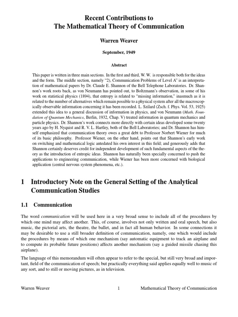 Recent Contributions To The Mathematical Theory of Communication (Weaver) PDF Communication