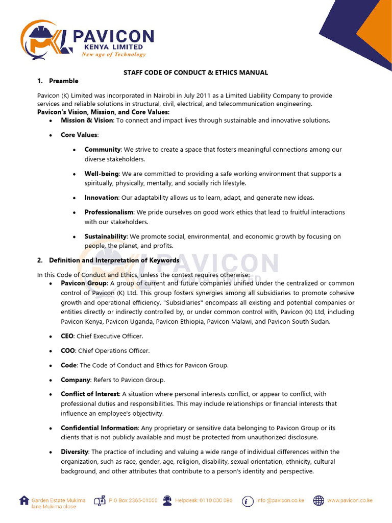 Pavicon Staff Code of Conduct Manual | PDF | Employment | Sexual Harassment