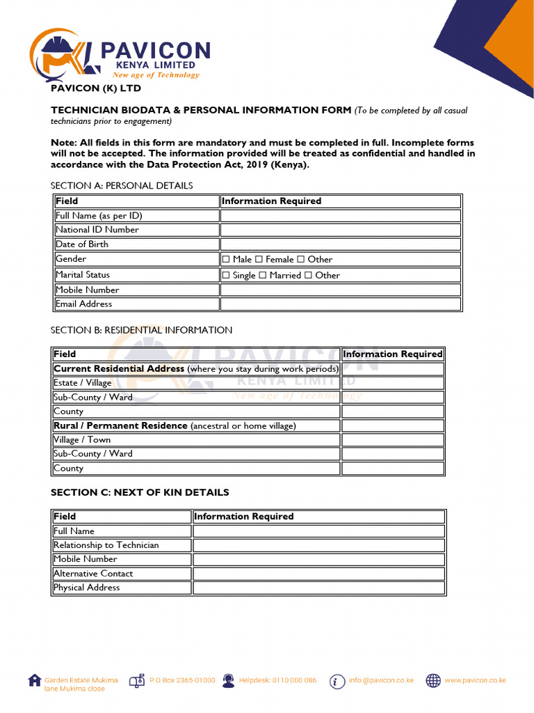 Technician Biodata Form for PAVICON | PDF