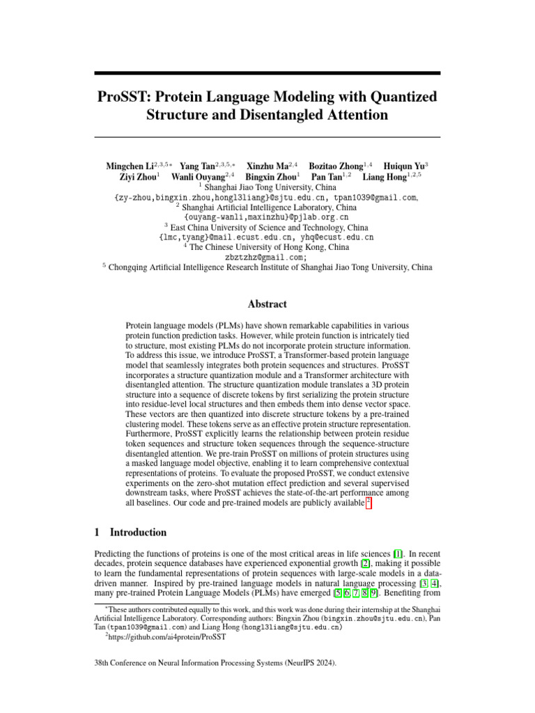 NeurIPS 2024 Prosst Protein Language Modeling With Quantized Structure ...