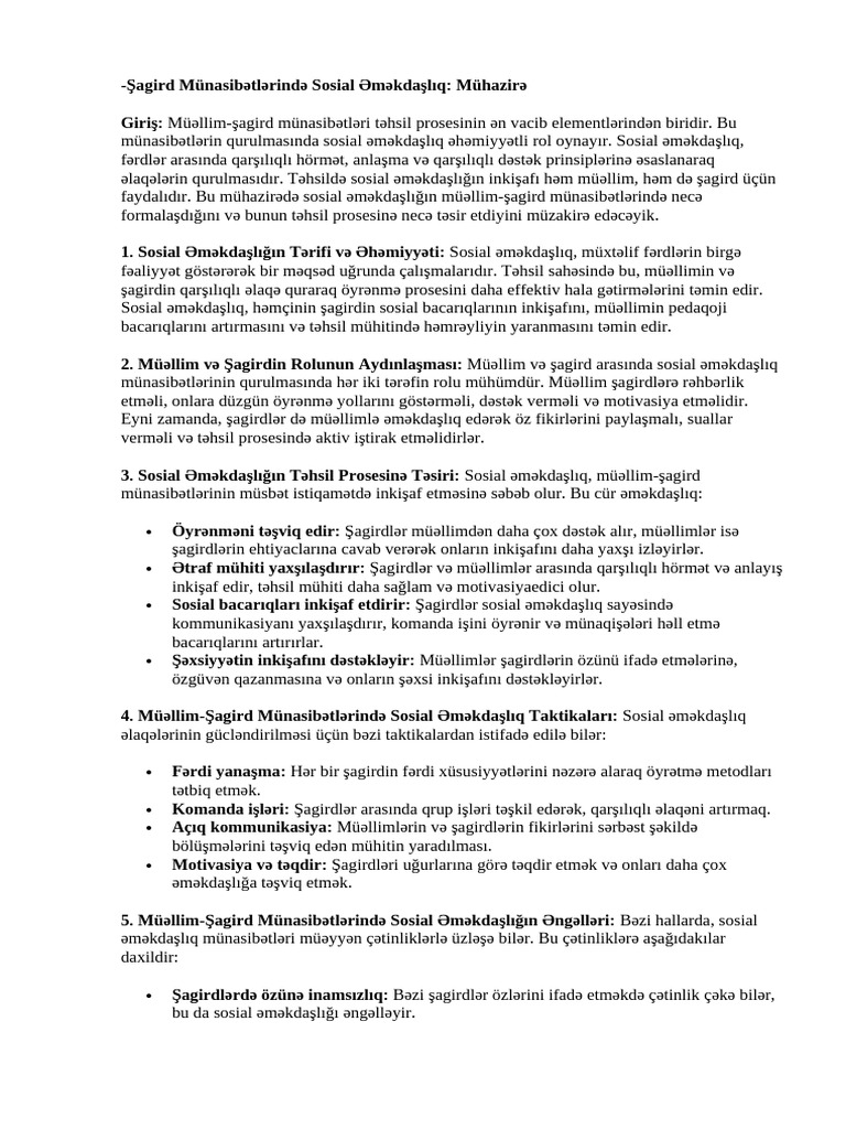 Şagird Münasibətlərində Sosial Əməkdaşlıq | PDF