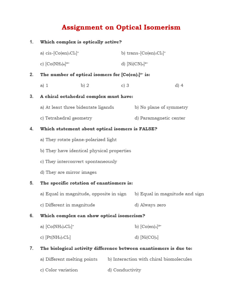 Optical Isomerism Assignment Questions | PDF | Chirality (Chemistry ...