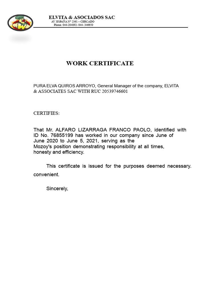 Work Certificate | PDF