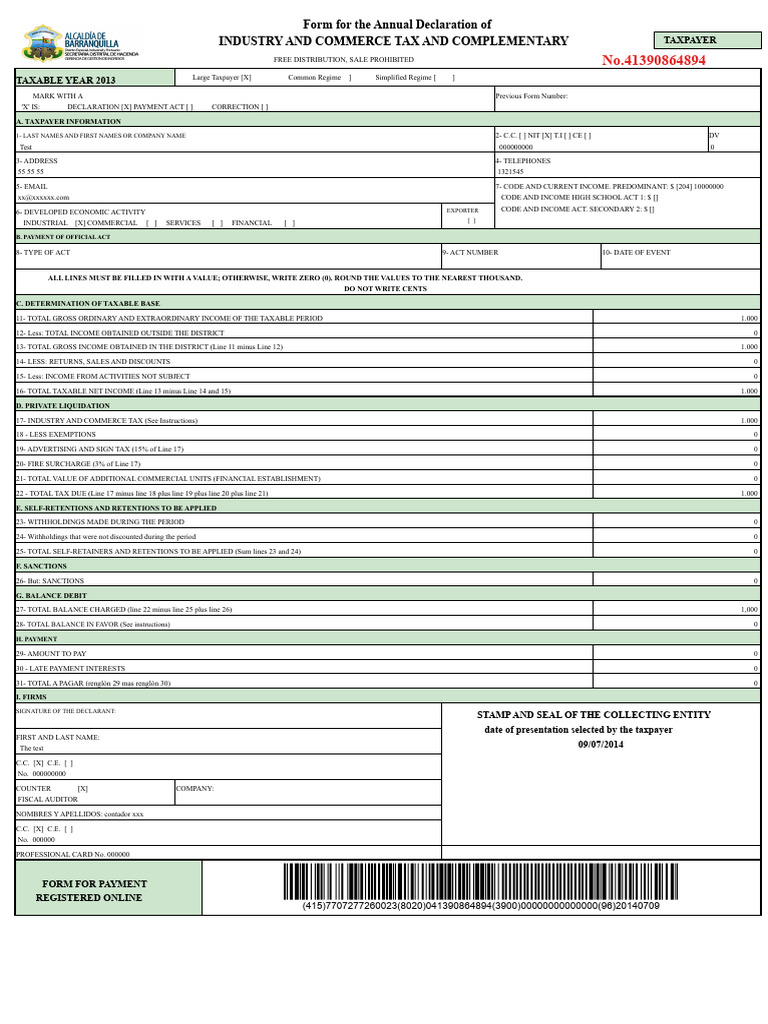 Annual Industry and Commerce Tax Form | PDF | Taxes | Income