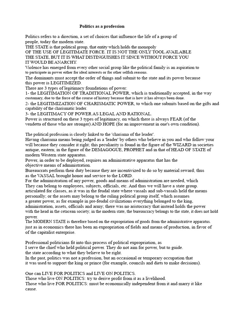 Understanding Politics as a Profession | PDF | Bureaucracy | Political ...