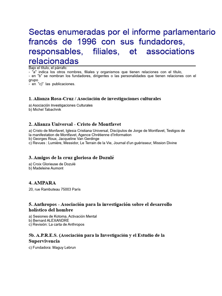 Sectas Enumeradas en El Informe de 1996 | PDF