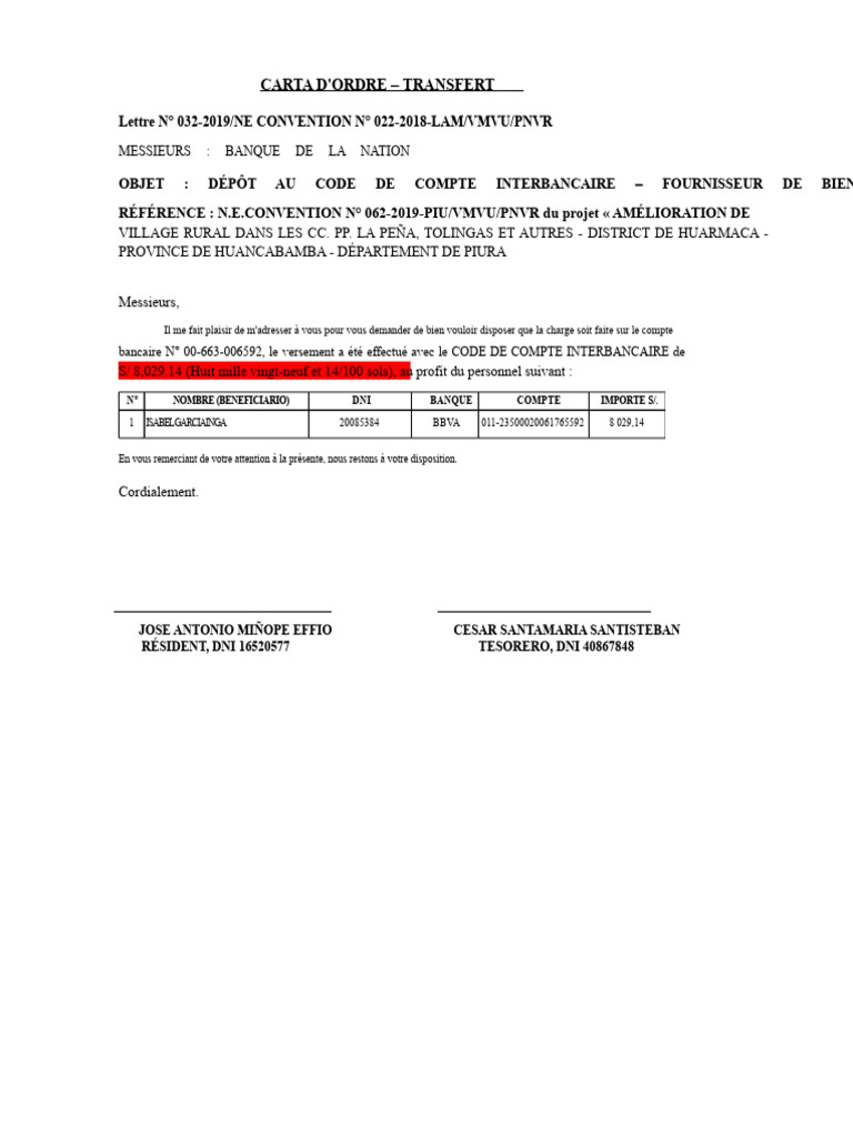 Transfert de fonds pour fournisseur à Huarmaca | PDF