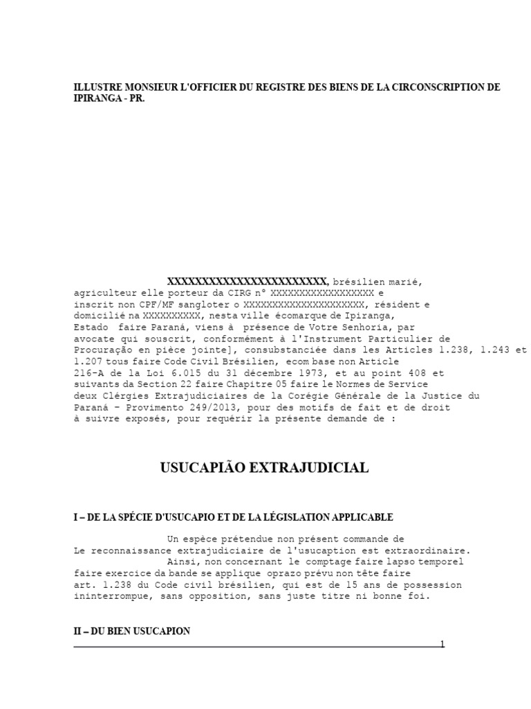 Demande d'Usucapion Extrajudiciaire à Ipiranga | PDF | Possession ...