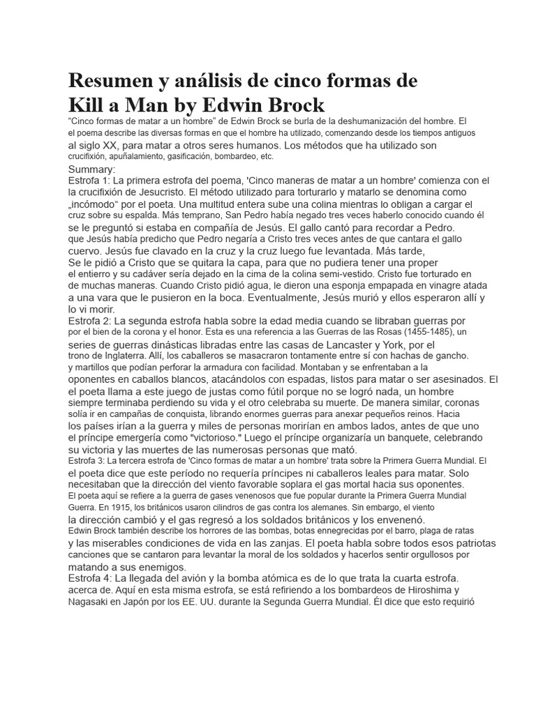 Resumen y Análisis de 5 Maneras de Matar A Un Hombre - Edwin Brock ...