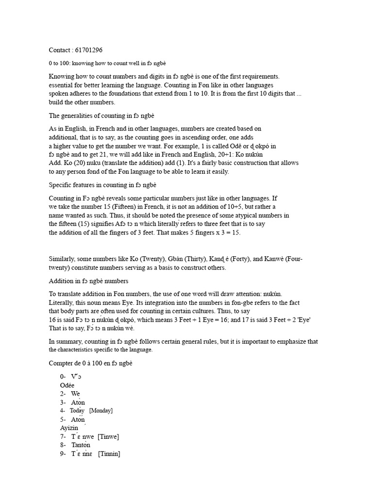 Counting in Fɔ Ngbè: A Guide | PDF | Linguistics