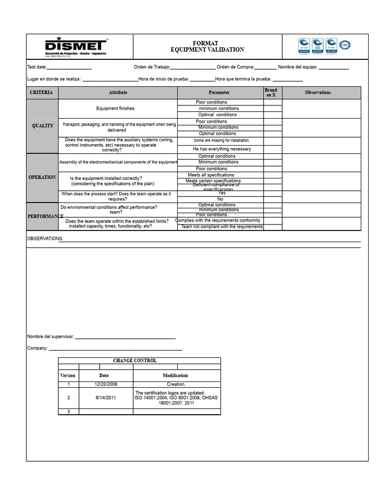 Equipment Validation Checklist Template | PDF | Specification ...