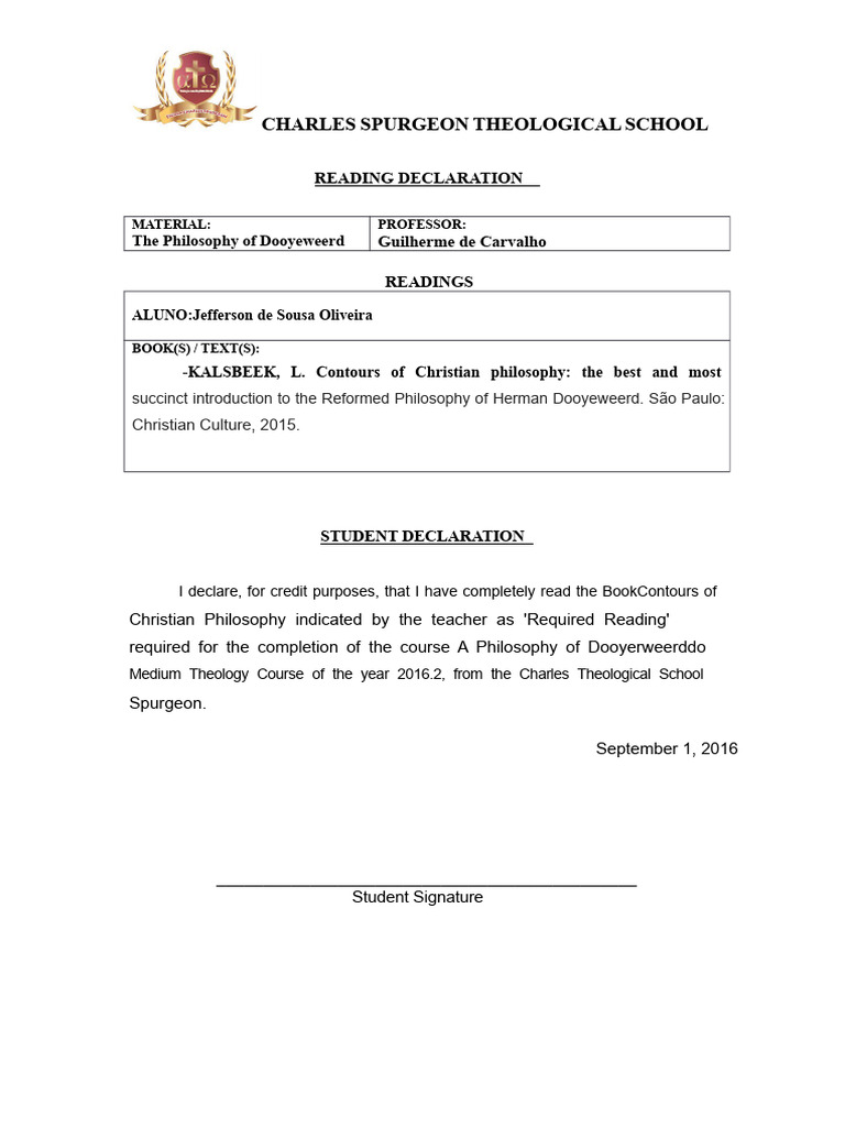 Reading Declaration for Dooyeweerd Course | PDF