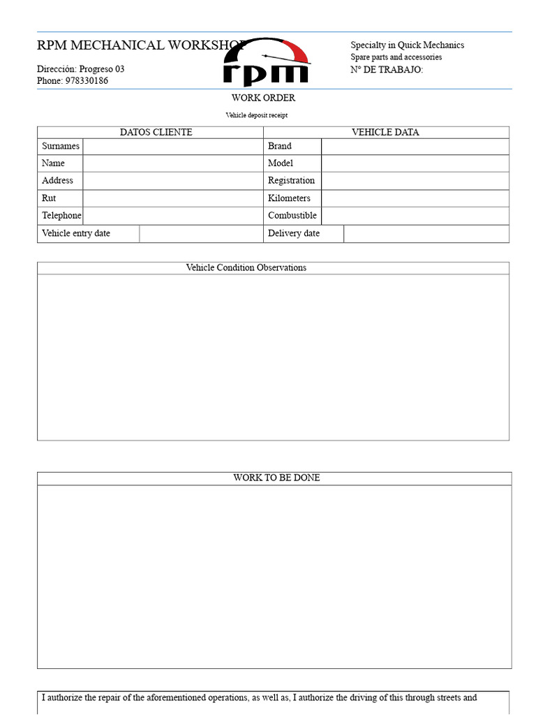 Quick Mechanics Work Order Template | PDF