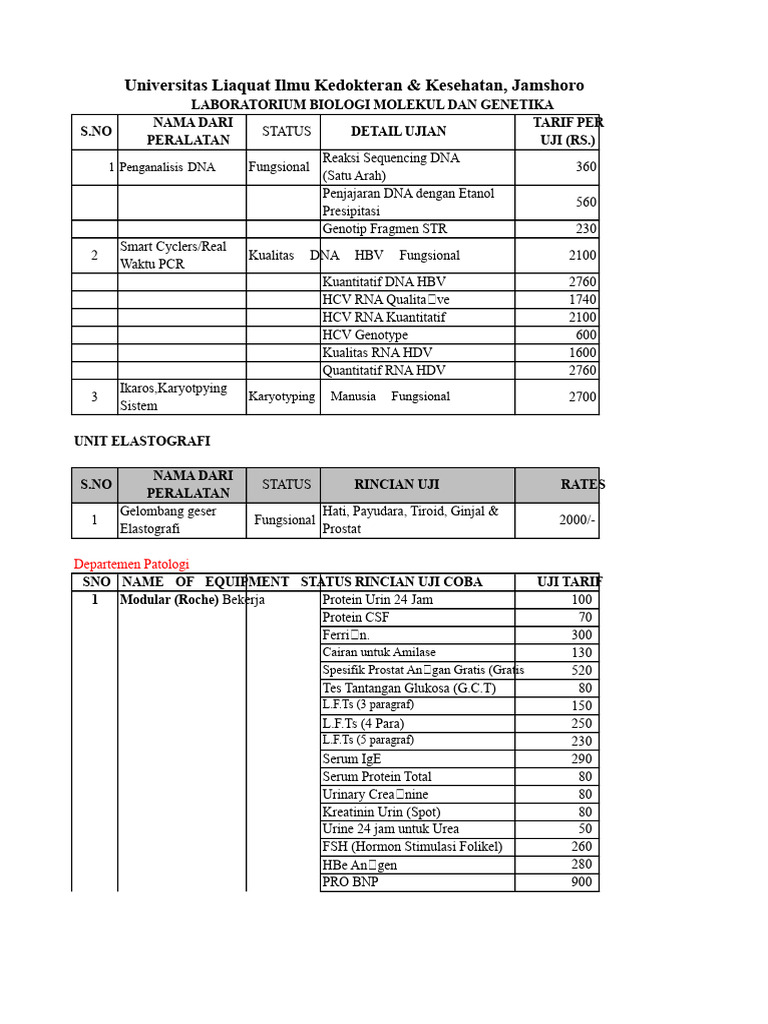 Tarif Uji Laboratorium Kesehatan LUMHS | PDF