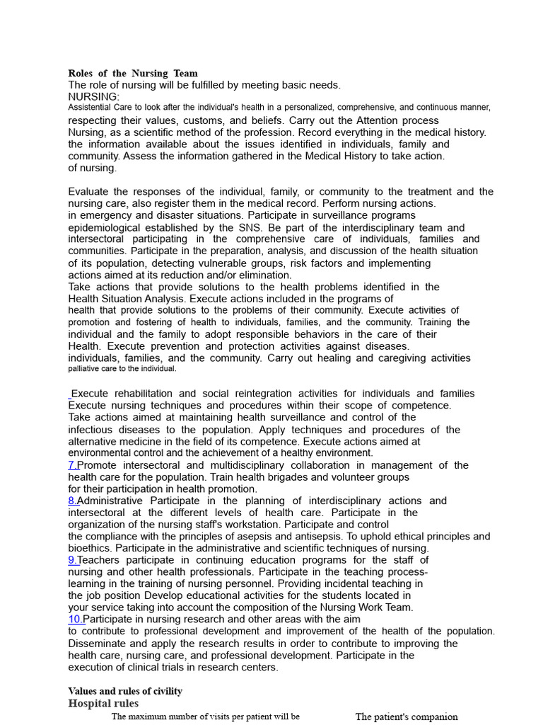 Roles of The Nursing Team | PDF | Nursing | Health Care