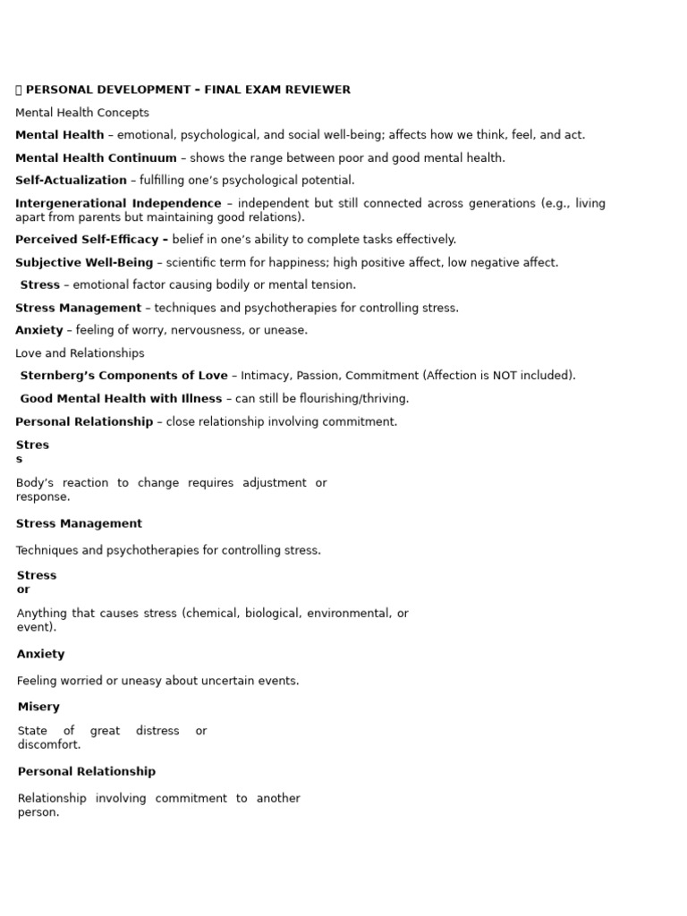 Personal Development Exam Review Guide | PDF