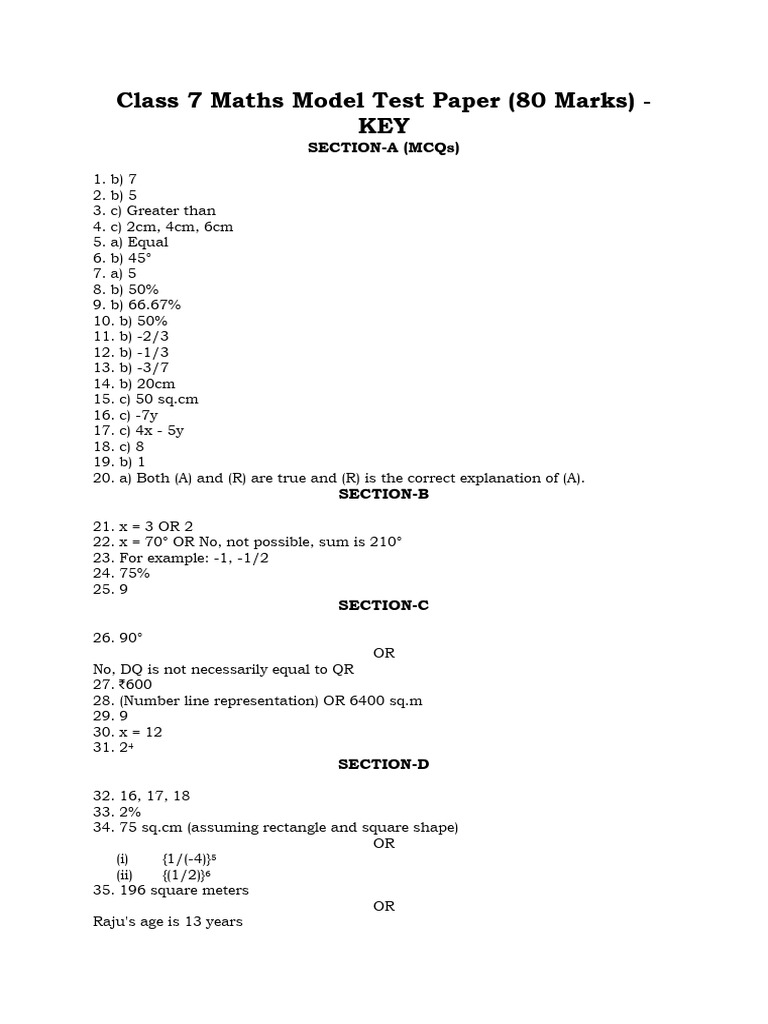 Class 7 Maths Model Test Paper | PDF
