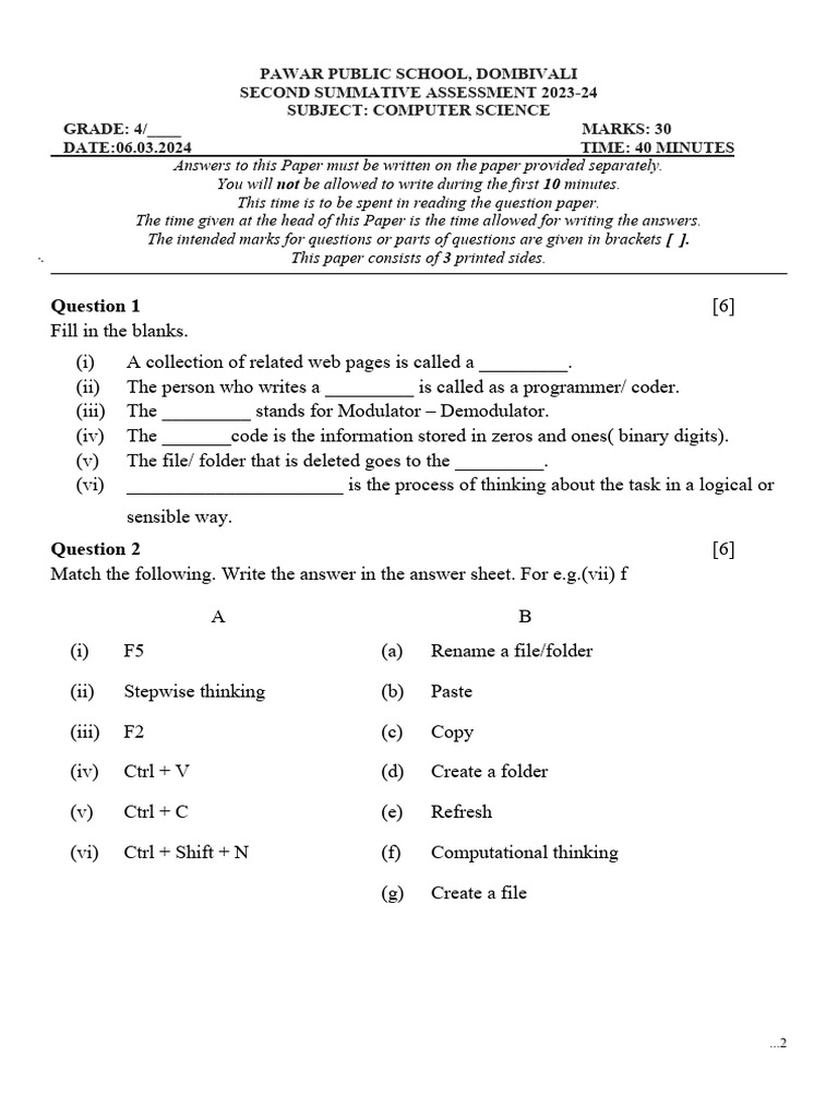 Gr-4-SSA-Qpaper Comp Sci | PDF | Computer File | Computing