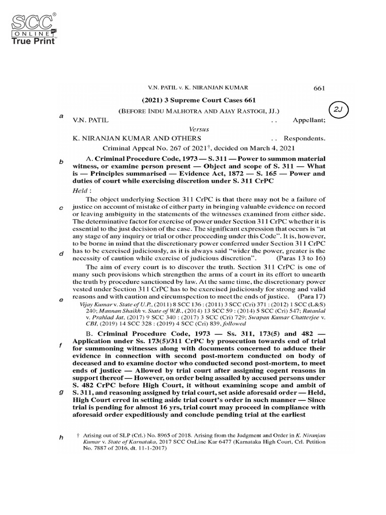 Supreme Court Ruling on Section 311 CrPC | PDF | Judgment (Law) | Witness