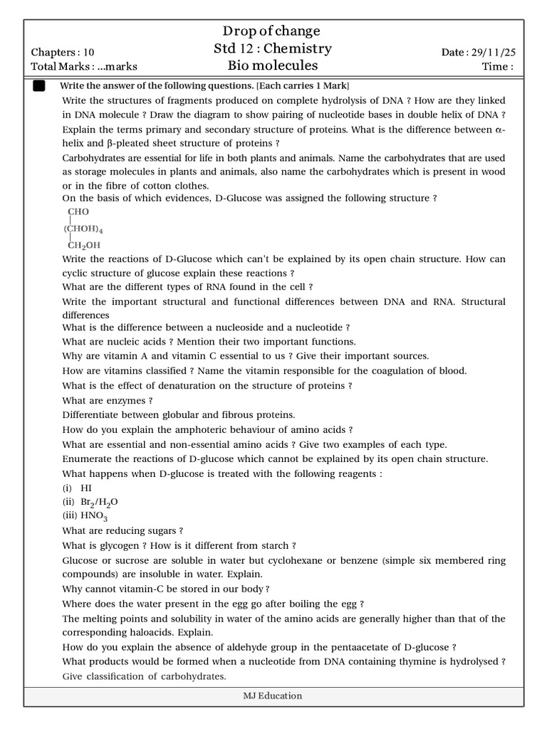 Biomolecules Study Guide for Std 12 Chemistry | PDF | Glucose ...