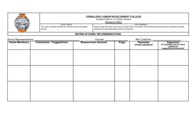 CCDC Panel Recommendations Matrix | PDF