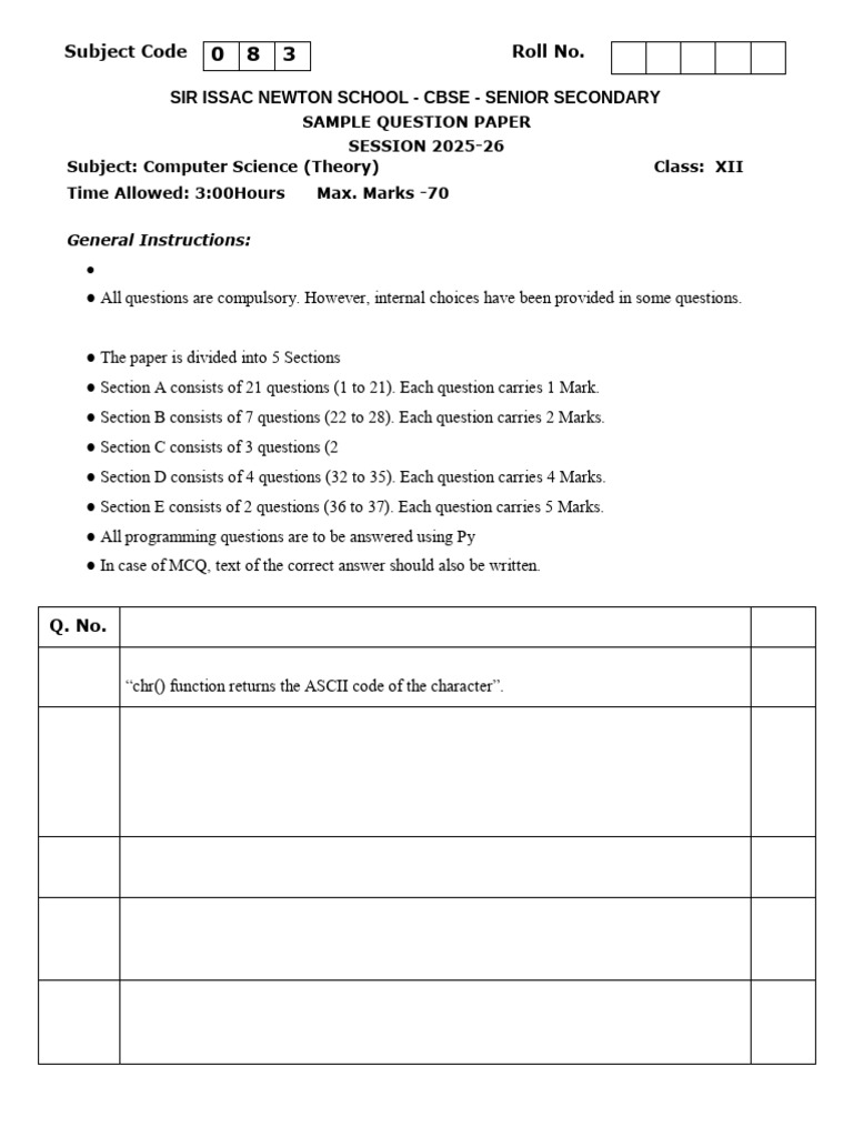 Computer Science Sample Question Paper | PDF | Databases | Computer Network