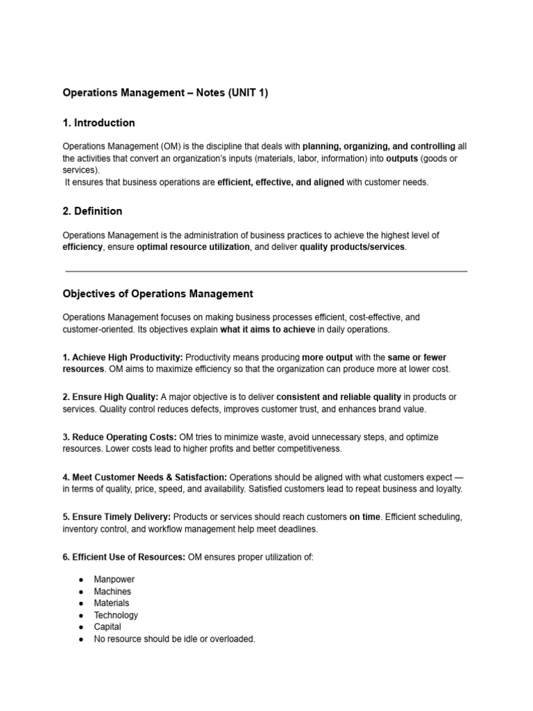 Operations Management Overview and Objectives | PDF | Performance ...
