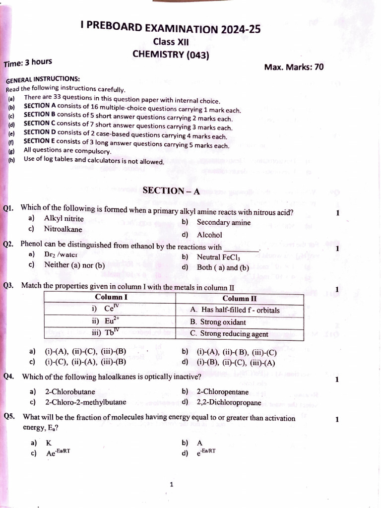 Class XII Chemistry Preboard Exam 2024-25 | PDF | Amine | Nitrite