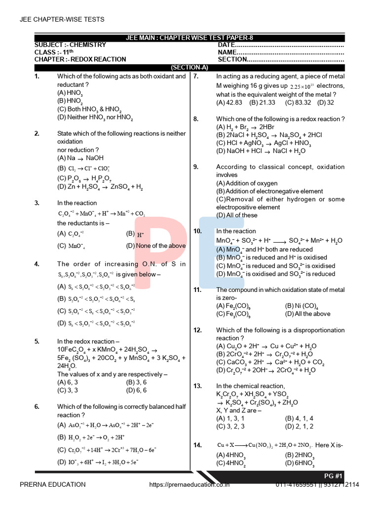 Redox Reactions: JEE Test Questions | PDF | Redox | Chemical Reactions