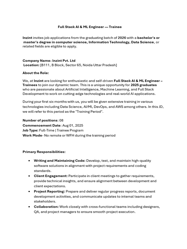 JOB Description- Full Stack - AIml Engineer Trainee 2 | PDF ...