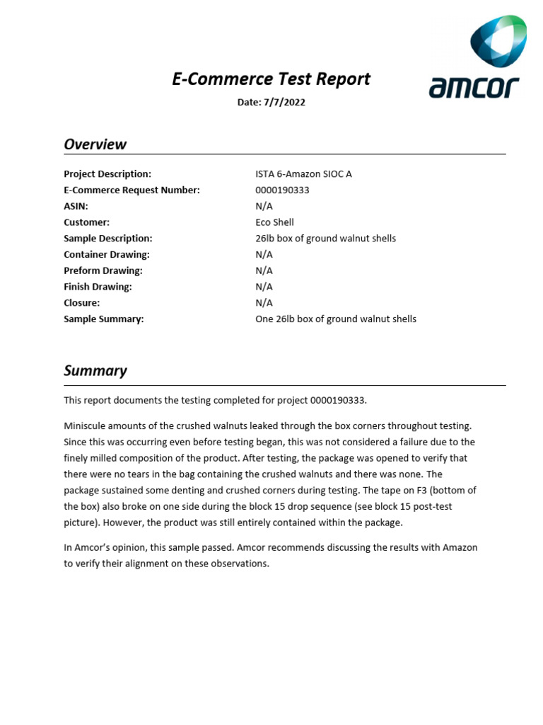 E-Commerce ISTA 6 Test Report Summary | PDF