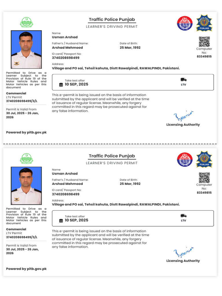 Learner's Driving Permit for Usman Arshad | PDF | Identity Document ...