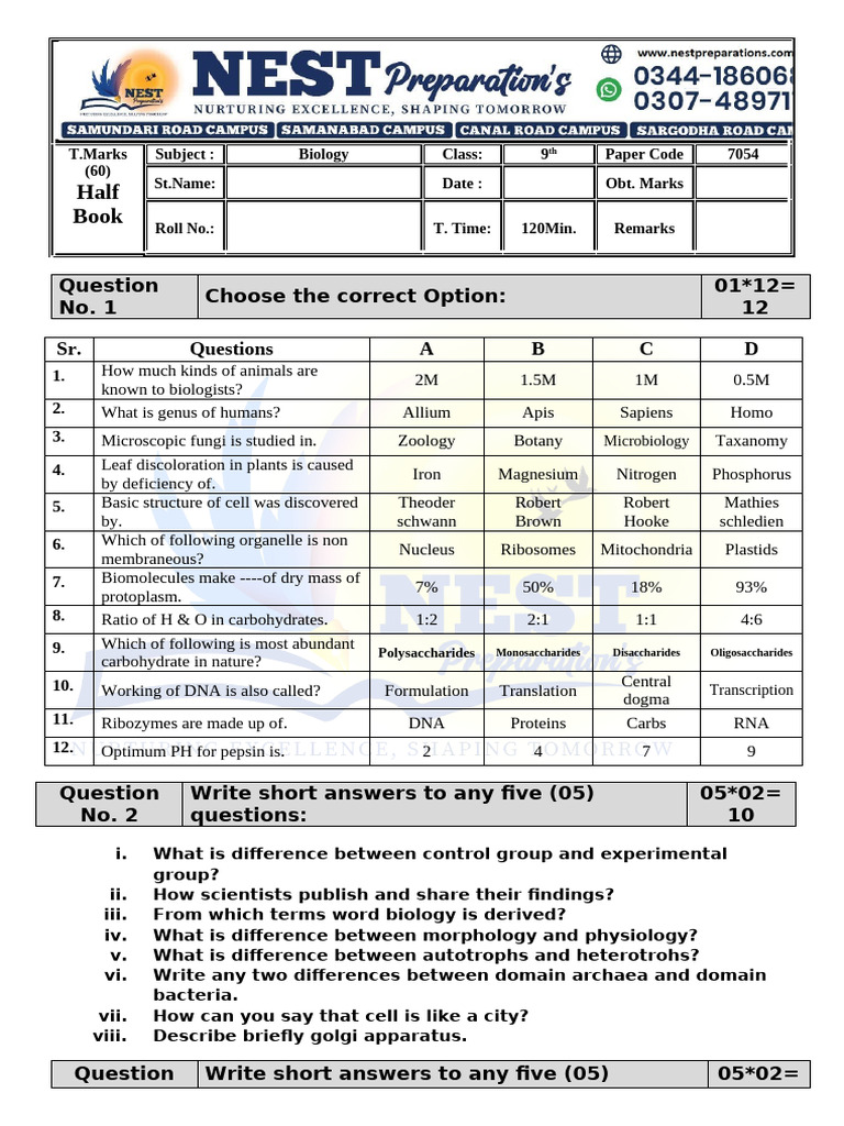 9th Grade Biology Exam Questions | PDF | Biology | Cell (Biology)