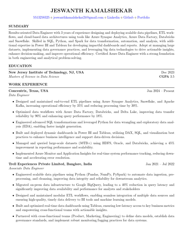 Data Engineer Resume: Skills & Experience | PDF | Apache Spark ...