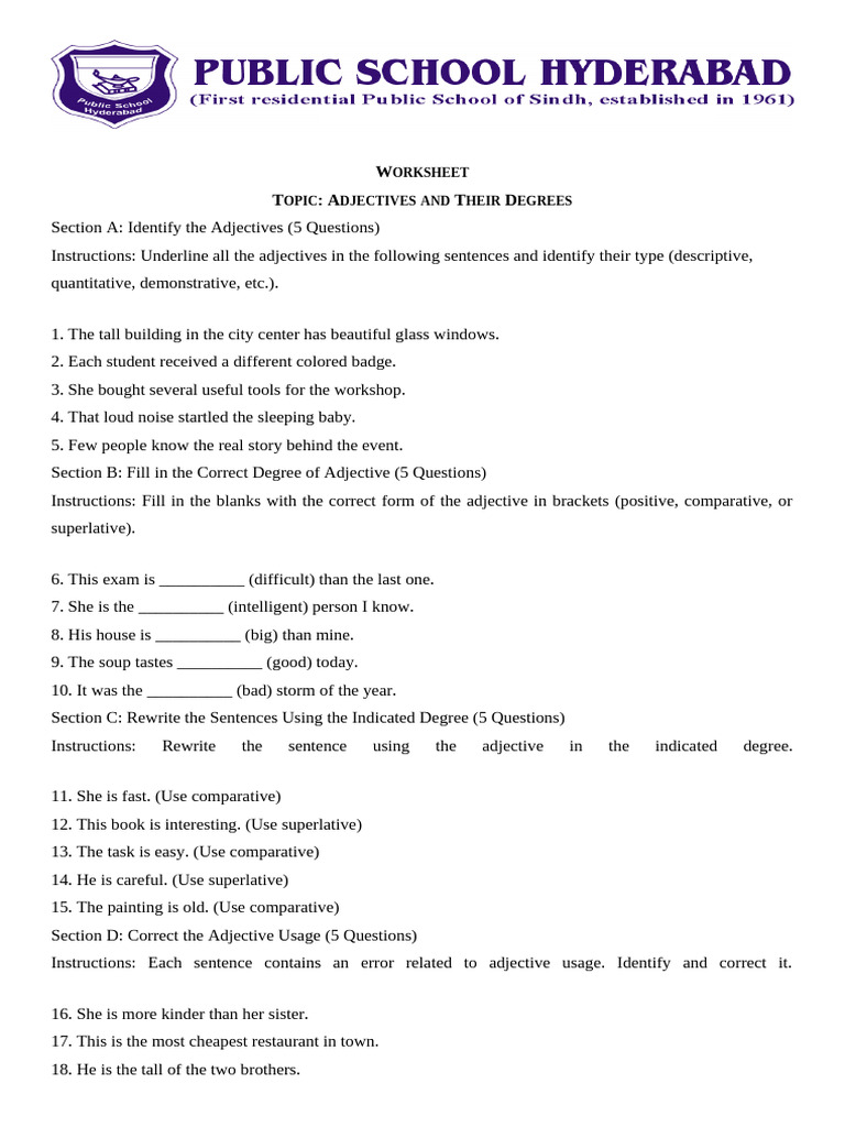 Adjectives and Their Degrees Worksheet | PDF