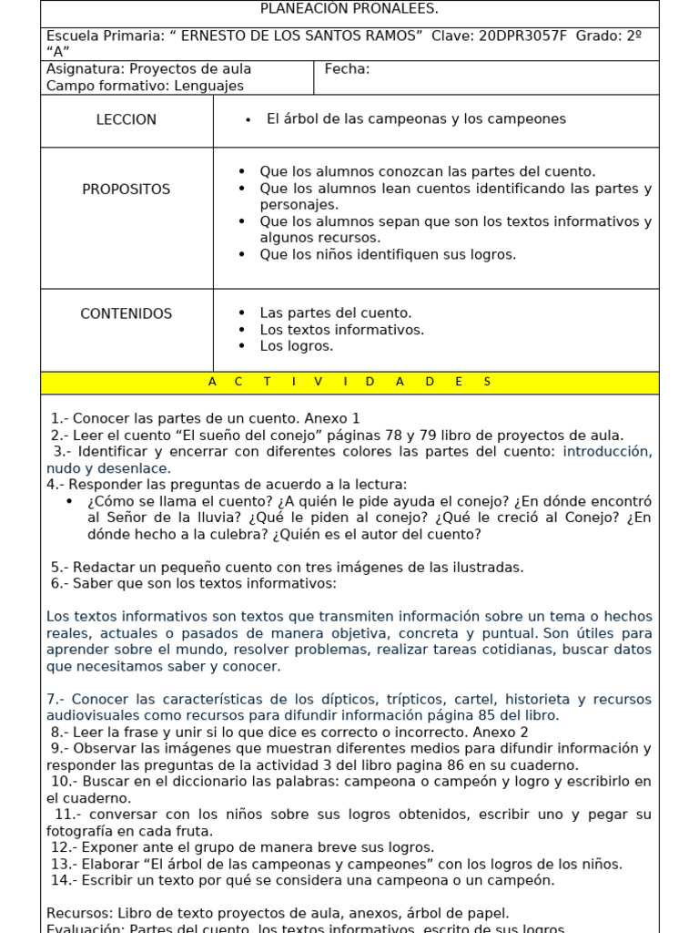 Planeación de Proyectos de Aula 2º Grado | PDF