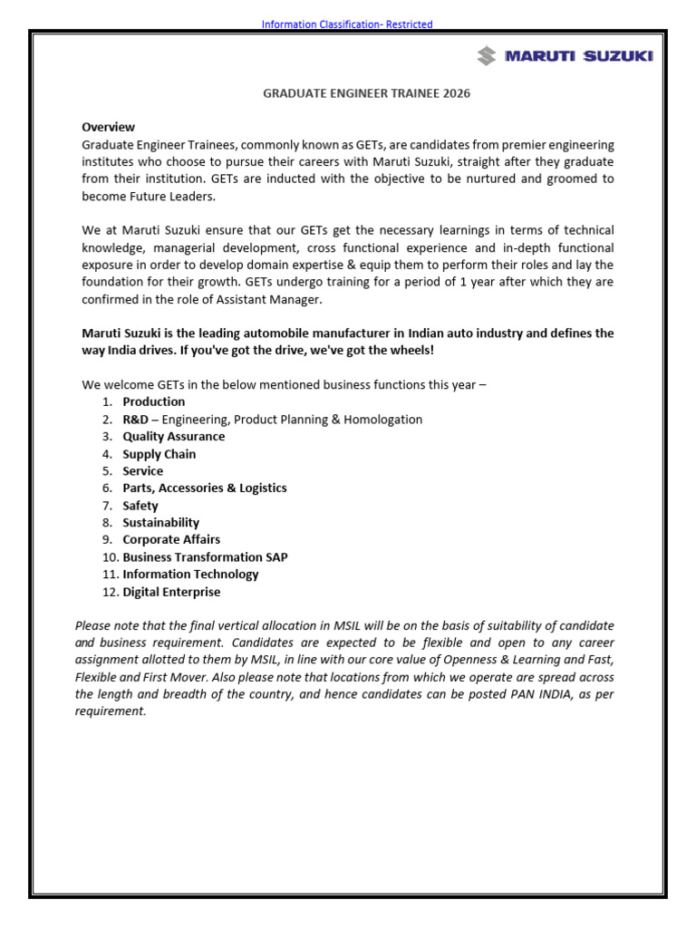 Graduate Engineer Trainee Program 2026 | PDF | Supply Chain | Quality ...