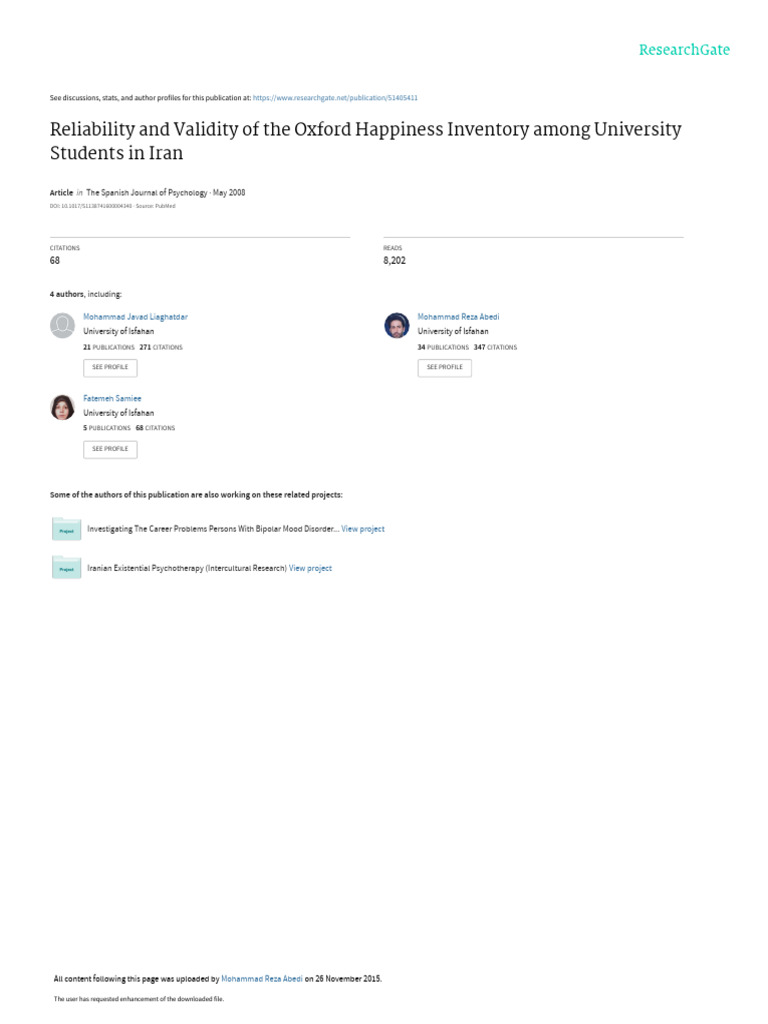 Oxford Happiness Inventory Validity in Iran | PDF | Validity ...