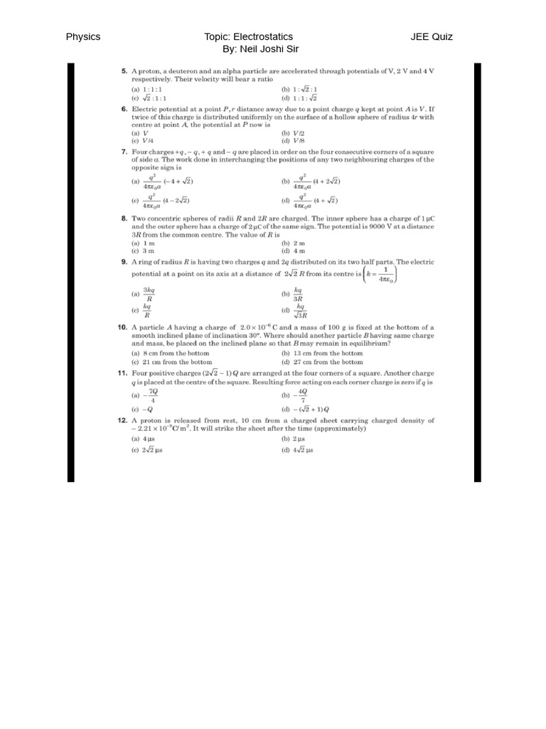 Electrostatics JEE Quiz by Neil Joshi | PDF