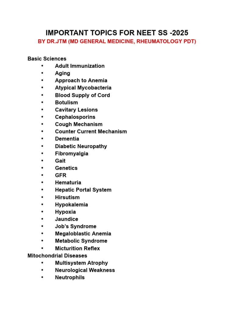 NEET SS 2025: Key Medical Topics Guide | PDF | Anemia | Lymphoma