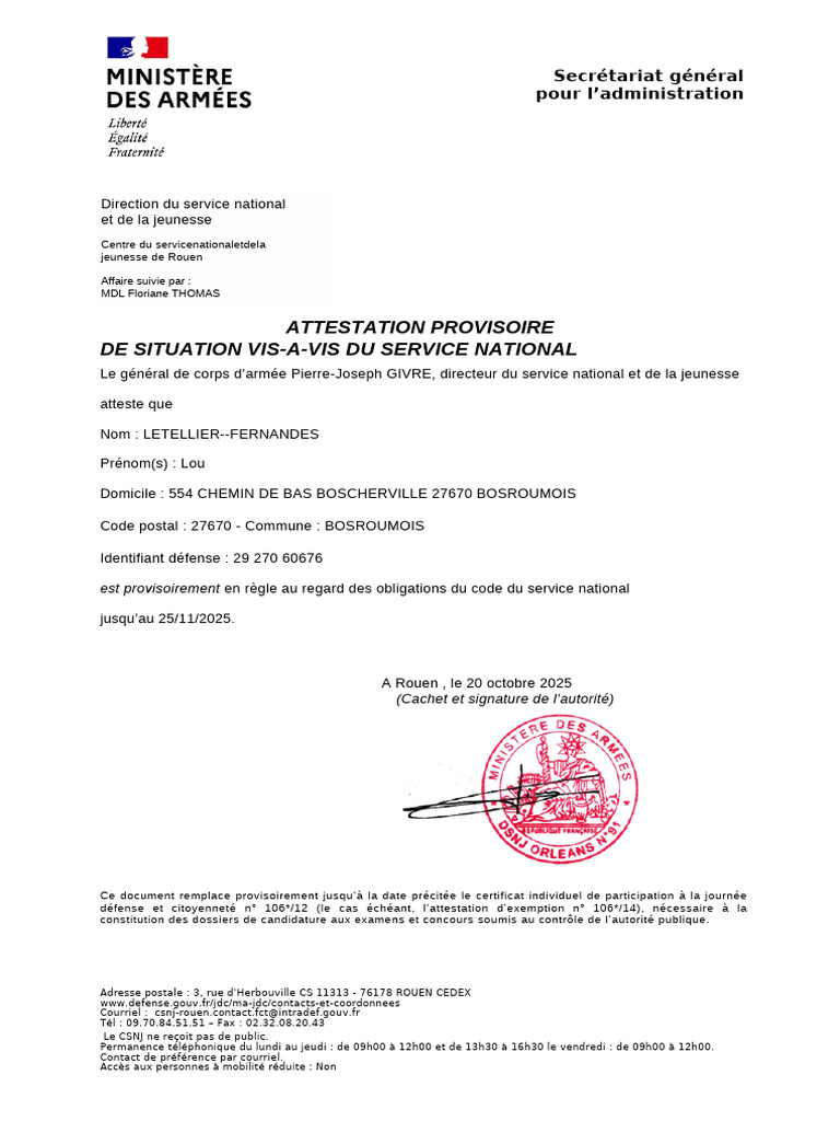 Attestation provisoire de service national | PDF