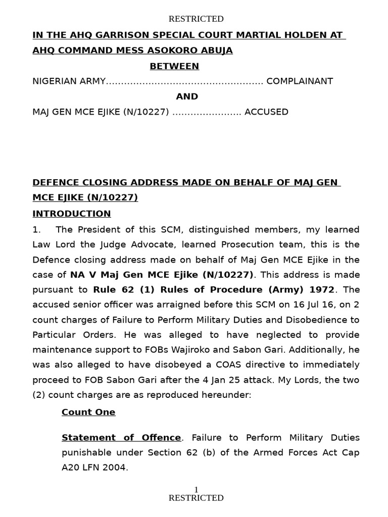 Defence Closing Address Maj Gen Mce Ejike | PDF | Burden Of Proof (Law ...
