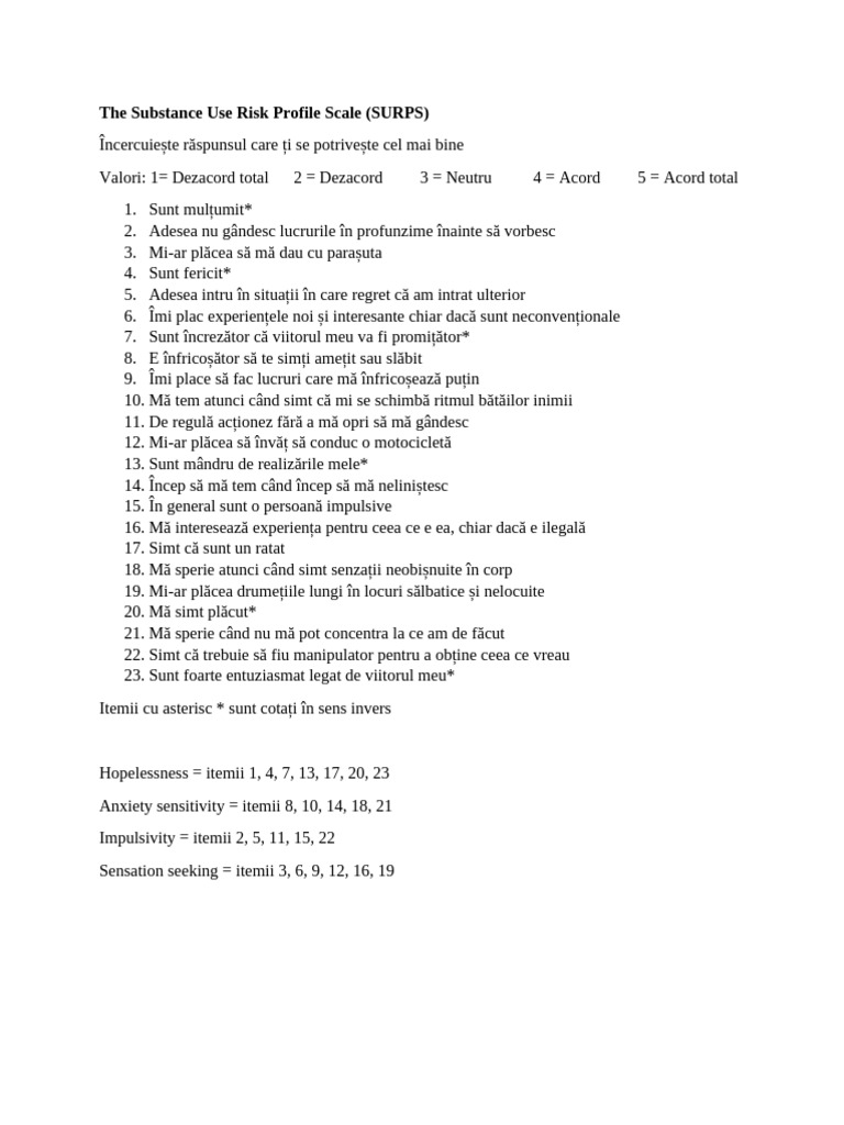 The Substance Use Risk Profile Scale - Ro | PDF