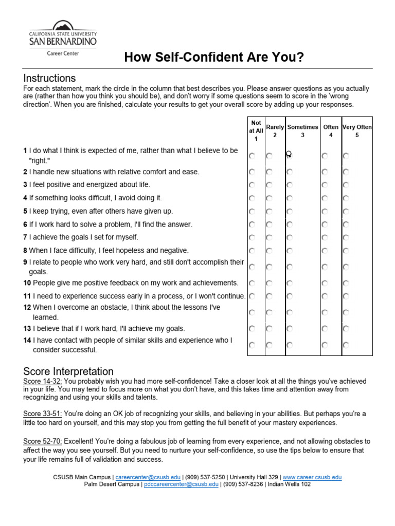Self-Confidence Assessment Tool | PDF | Self Efficacy | Cognitive ...