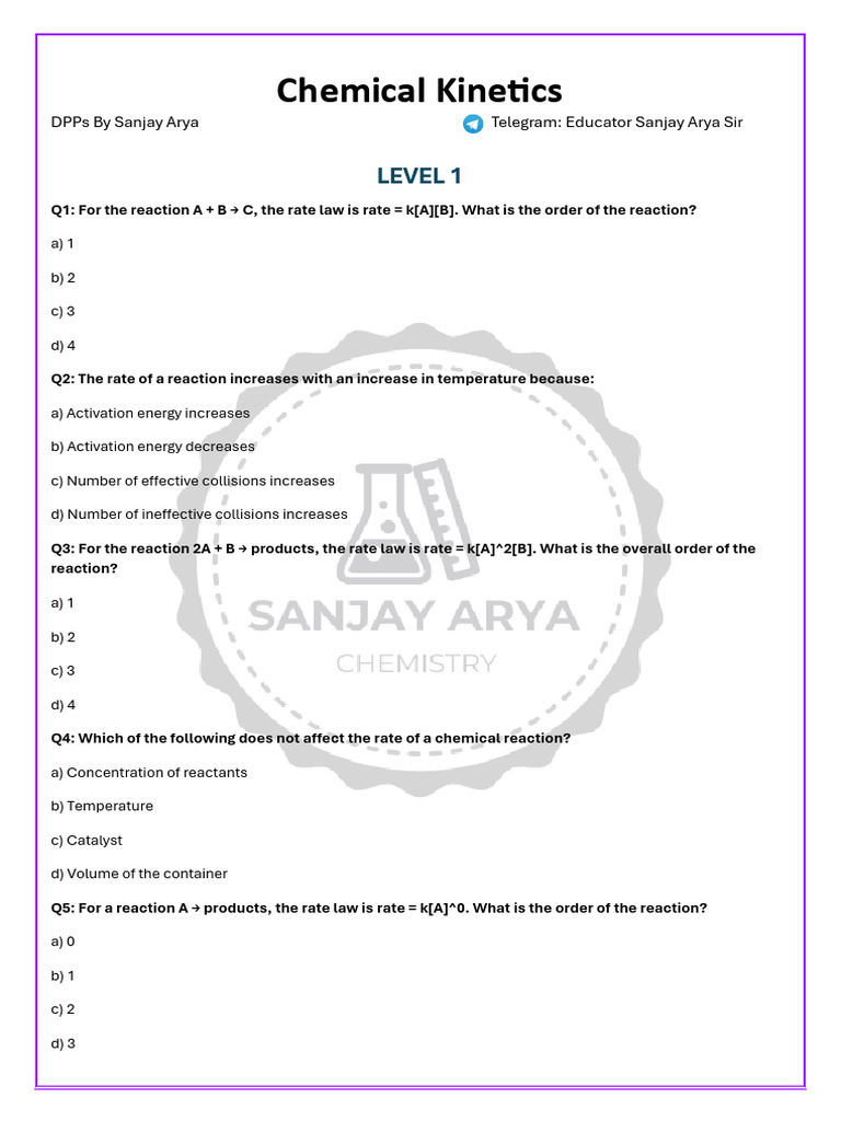 Chemical Kinetics Practice Questions | PDF | Reaction Rate | Activation ...