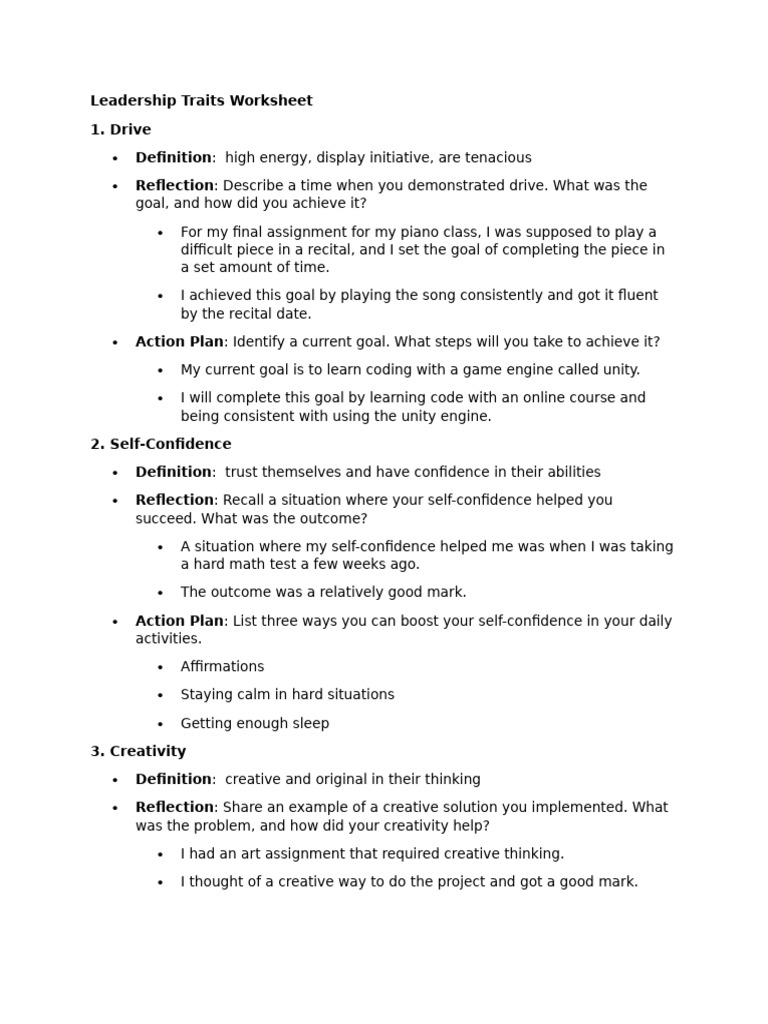 Leadership Traits Development Worksheet | PDF | Cognition | Psychology