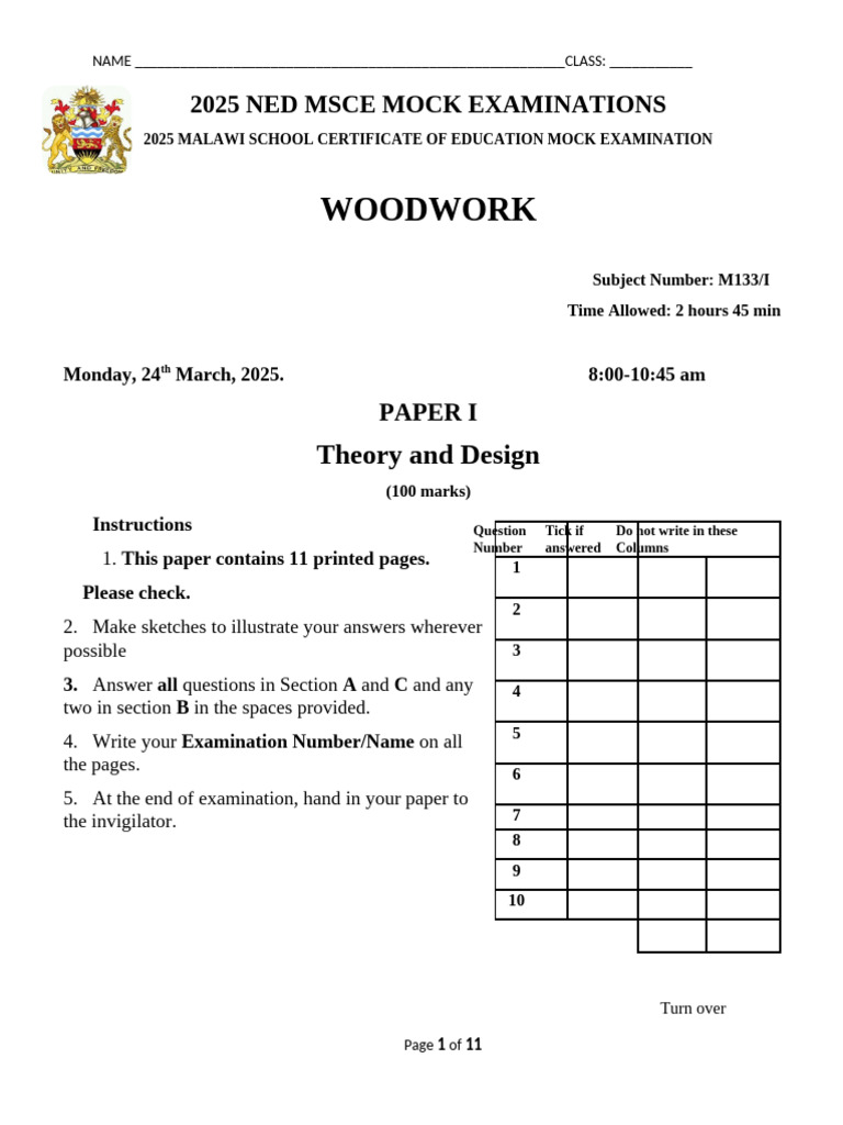 2025 Malawi Woodwork Mock Exam Paper | PDF | Upholstery
