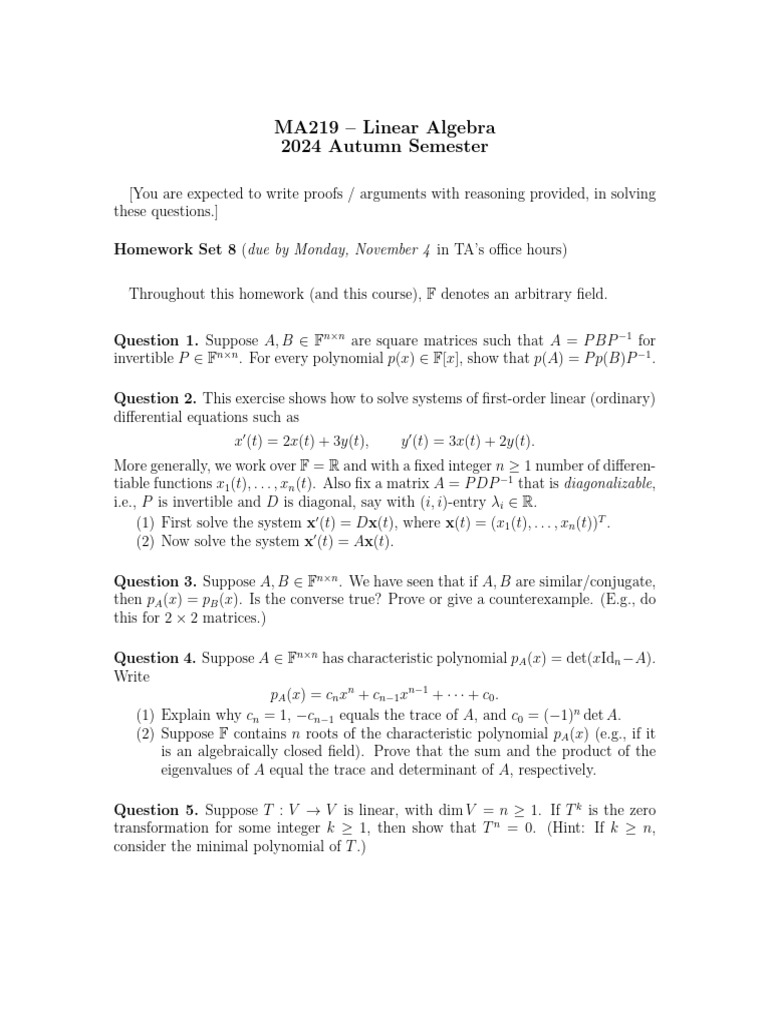 MA219 - Linear Algebra 2024 Autumn Semester: Homework Set 8 | PDF